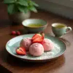 Freshly made strawberry mochi on a Japanese ceramic plate recipe card