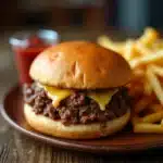 Philly Cheesesteak Sloppy Joe with melted cheese and caramelized onions. WP